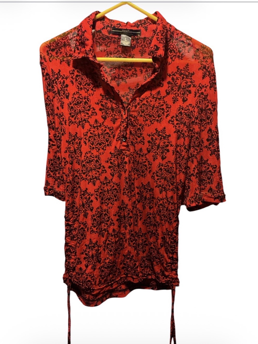 amang NY Red Black Damask Print Ruched Sides Button Up Blouse Size L